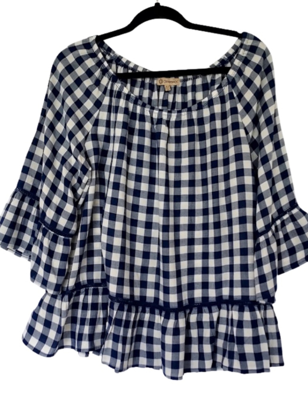 Democracy Blue & White Gingham Top Ruffles At Sleeve And Bottom Size XL